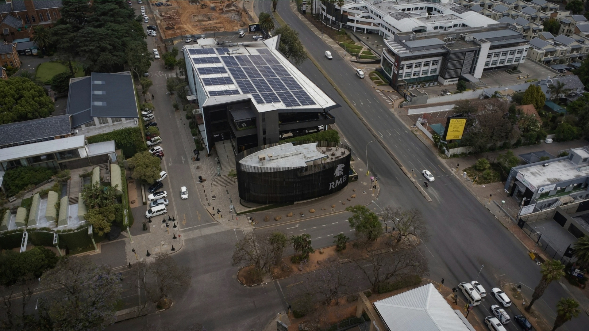 Aerial view of commercial rooftop solar installation